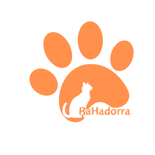 Orange paw print with a white cat silhouette and 'RaHadorra' text on a white background