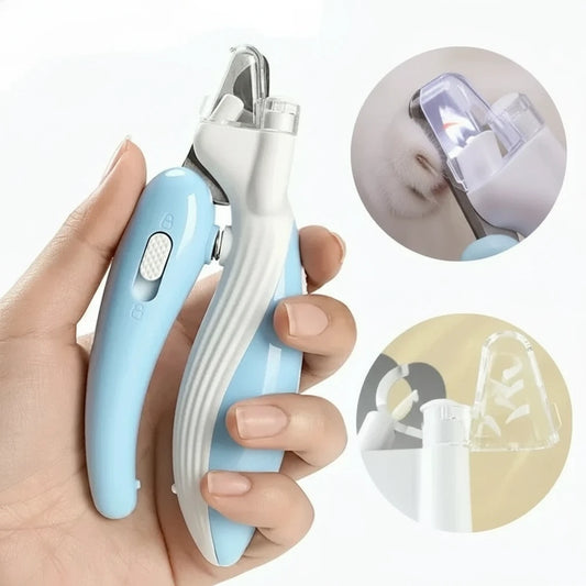 Pet nail trimmer held in a hand with close-up insets showing its use on a pet's nails.
