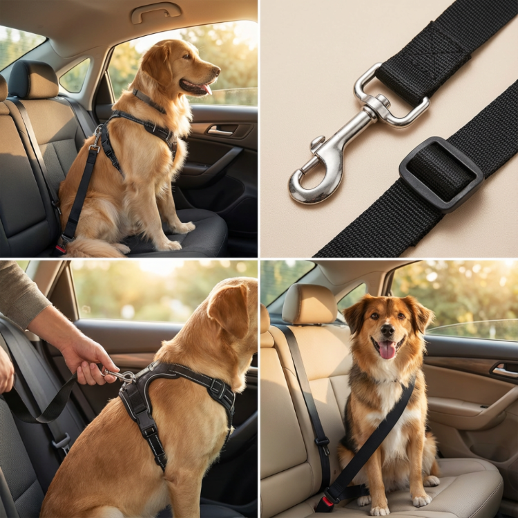 Dog safety harness and leash set with a dog in a car.